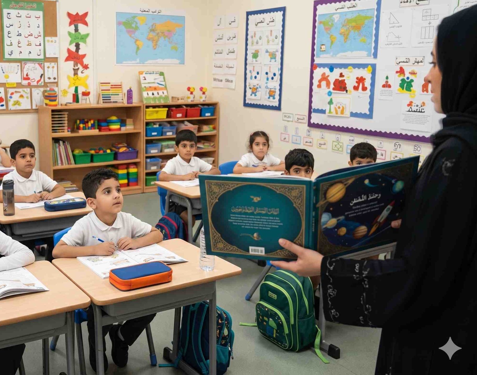 Teacher engaging students at a smartboard